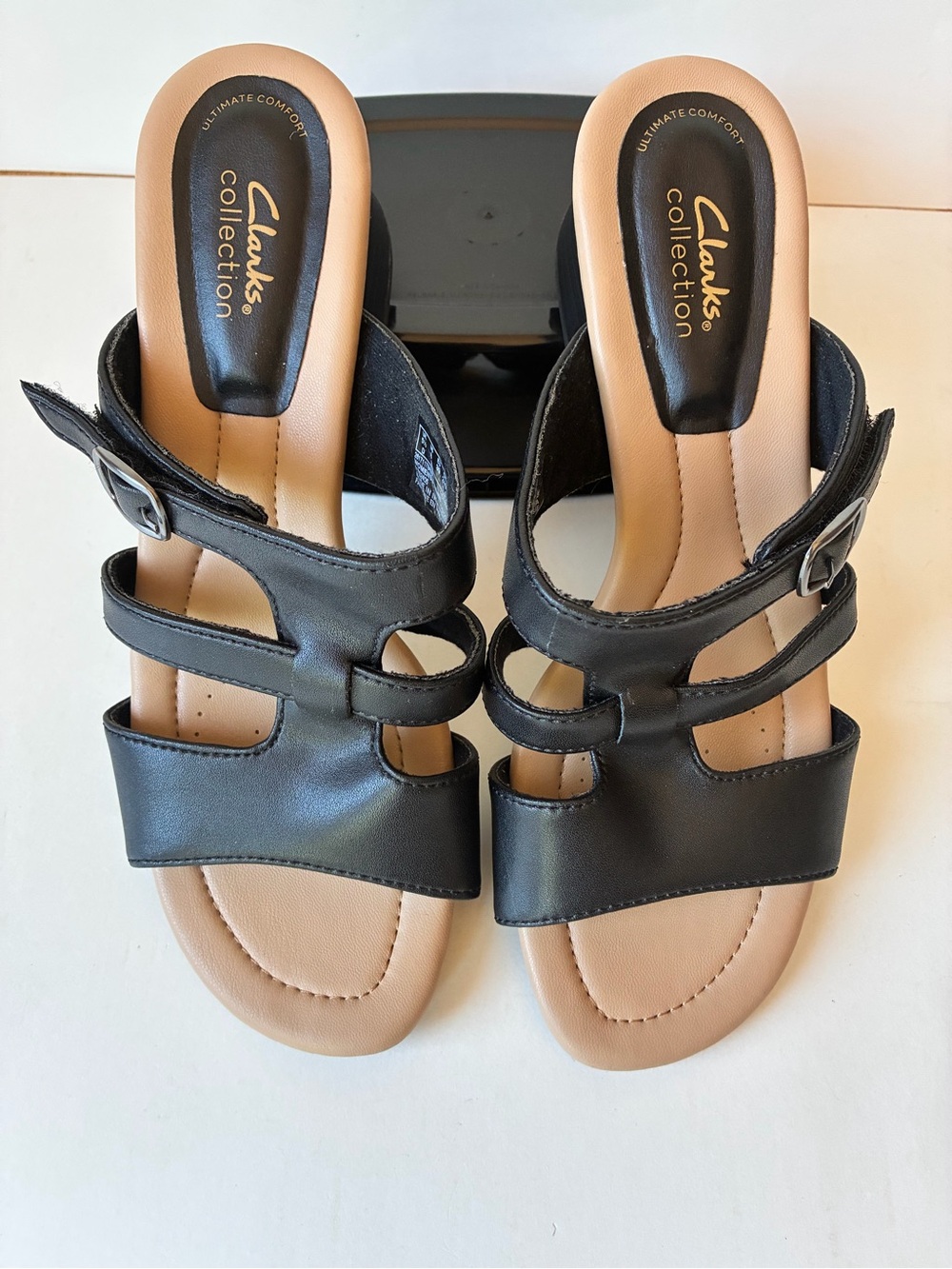 Clarks Collection Desirae Palm Black Strappy Heeled Slide Sandals Womens 8